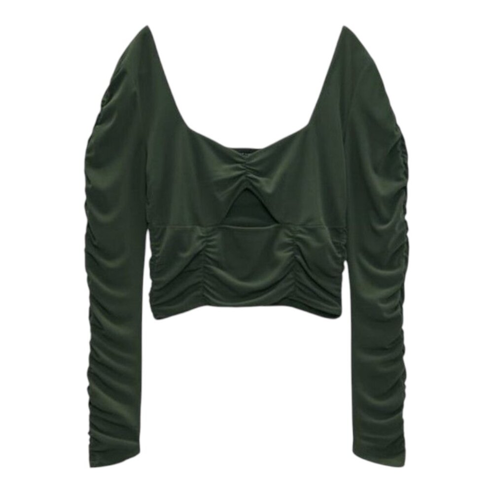 Zara Olive Green Ruched Long Sleeve Crop Top